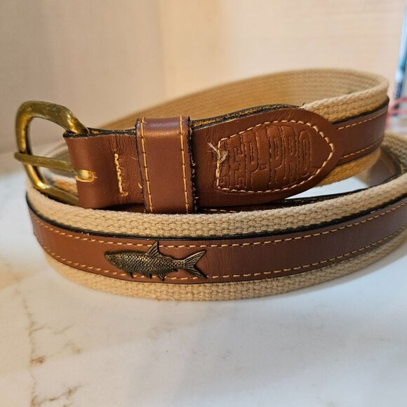 Zep-Pro Mens Belt Brass Buckle Brown Leather Accents & Fish Design 44 Inch Made - Picture 2 of 11